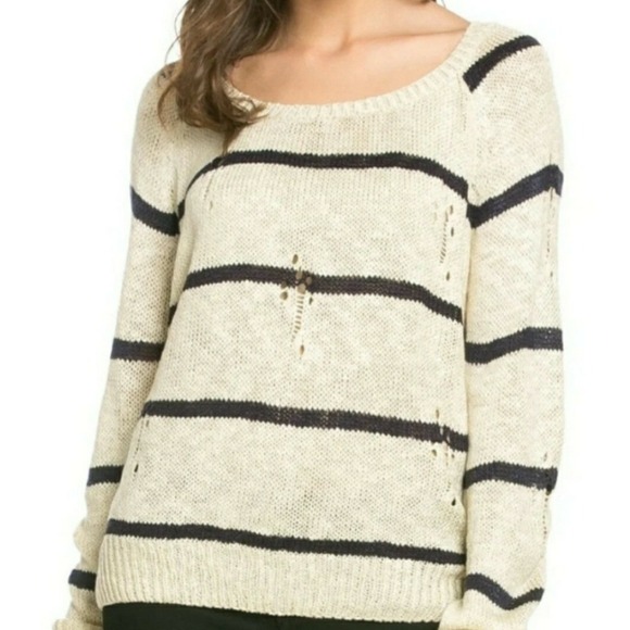 HIPPIE LOVE College Ruled Distressed Cotton Sweater Women Sz M Navy Ivory Stripe - Picture 11 of 11